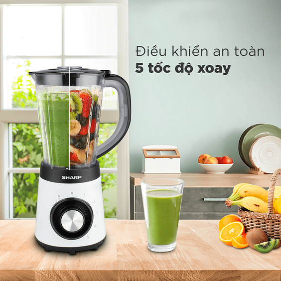 Máy xay sinh tố Sharp 1.5 lít EM-S155PV-WH 5 tốc độ xoay an toàn